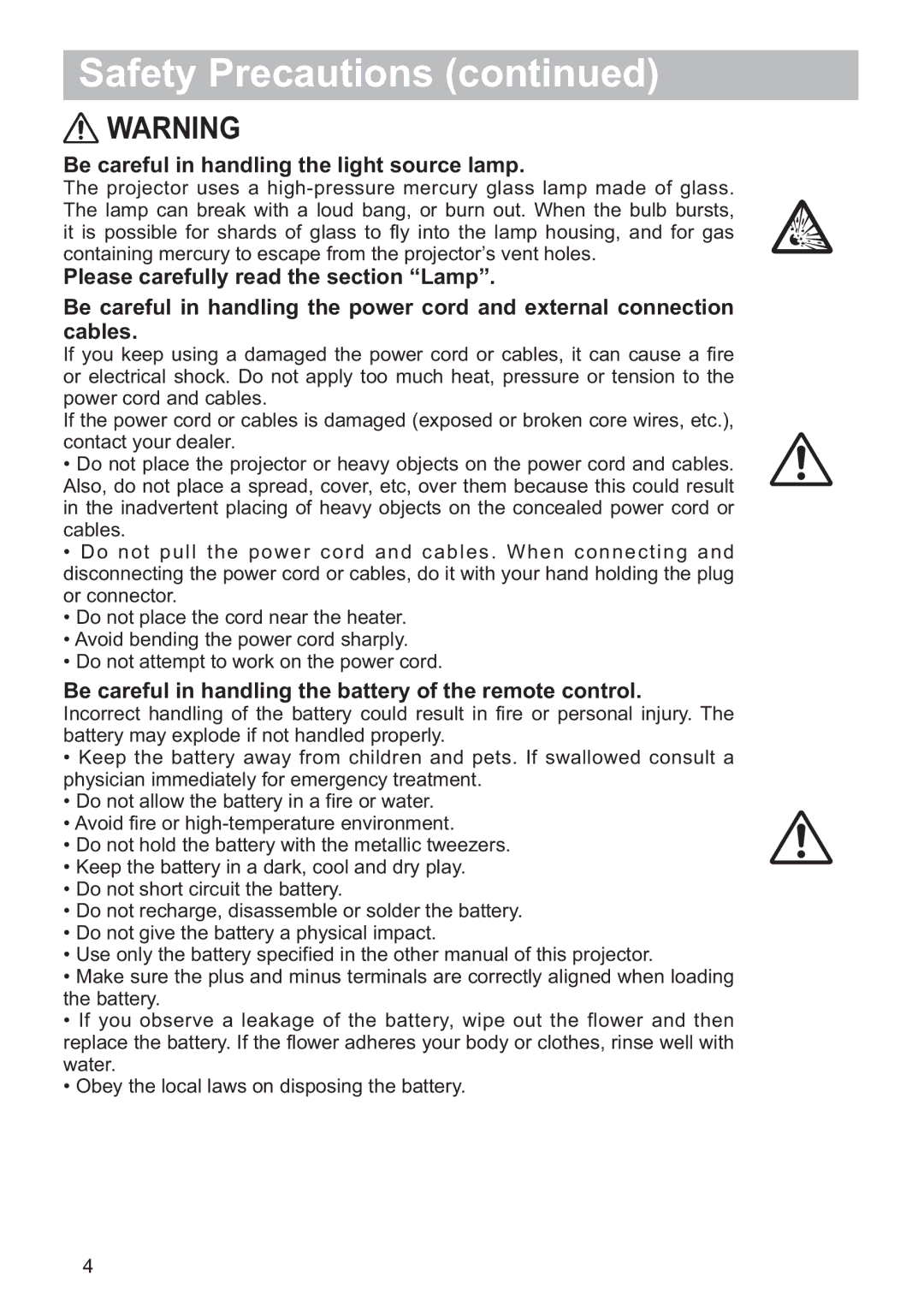 Hitachi CP-X2521WN Be careful in handling the light source lamp, Be careful in handling the battery of the remote control 