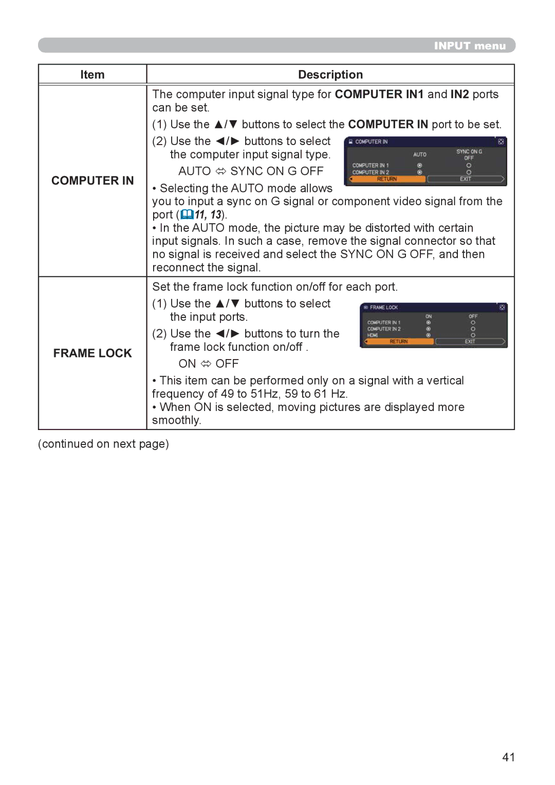 Hitachi CP-X3021WN, CP-X2521WN user manual Computer, Auto Ù Sync on G OFF, Frame Lock, On Ù OFF 