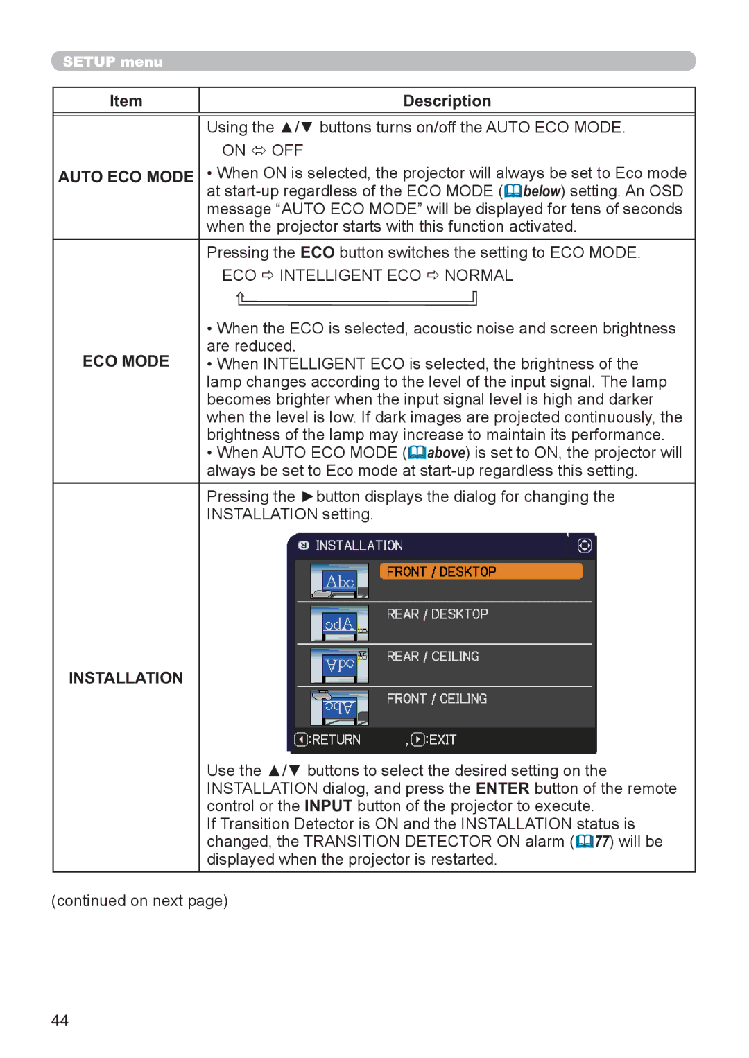 Hitachi CP-X2521WN, CP-X3021WN user manual Auto ECO Mode, ECO Ö Intelligent ECO Ö Normal 