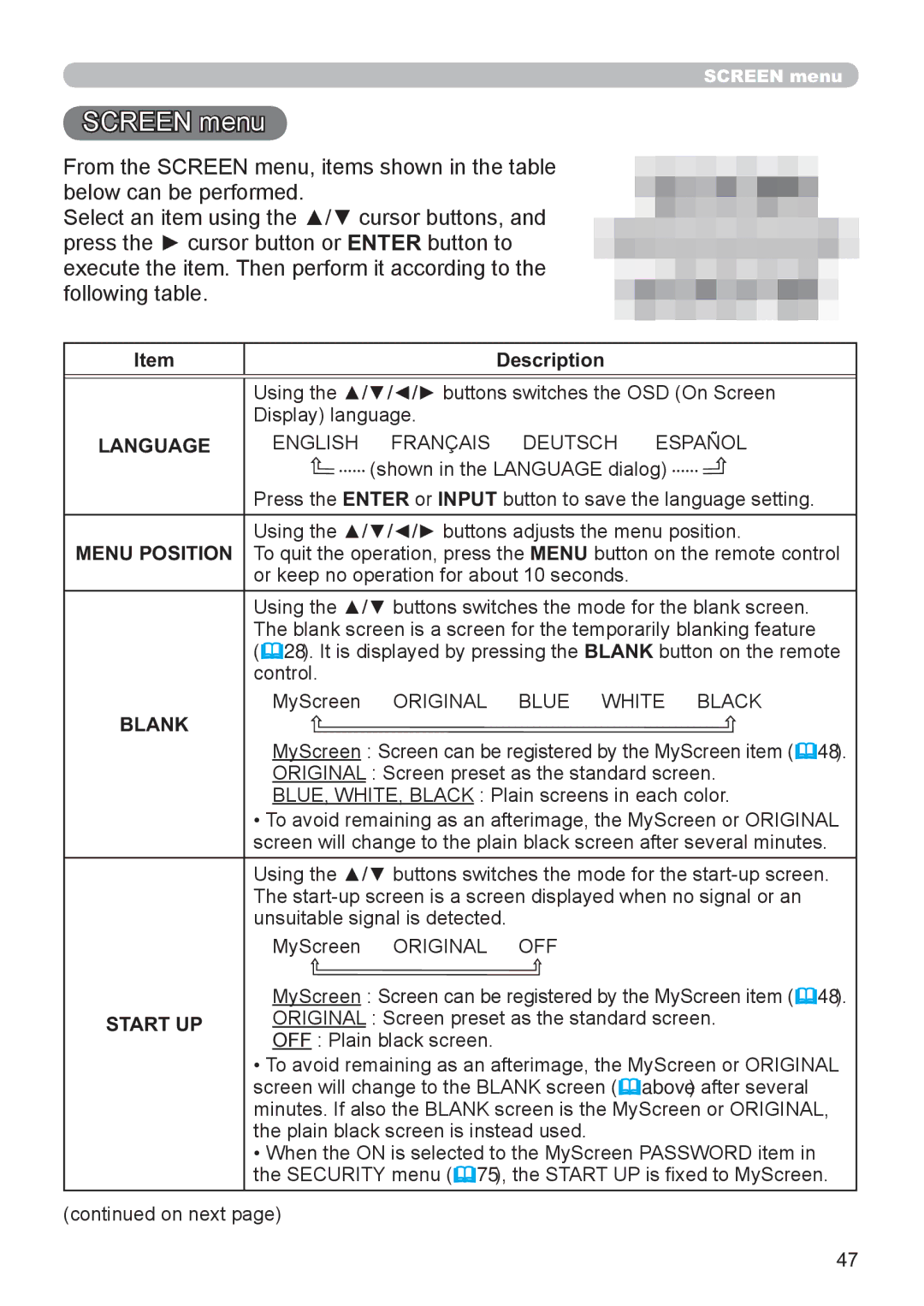 Hitachi CP-X3021WN, CP-X2521WN user manual Screen menu, English Ù Français Ù Deutsch Ù Español, Blank, Start UP 