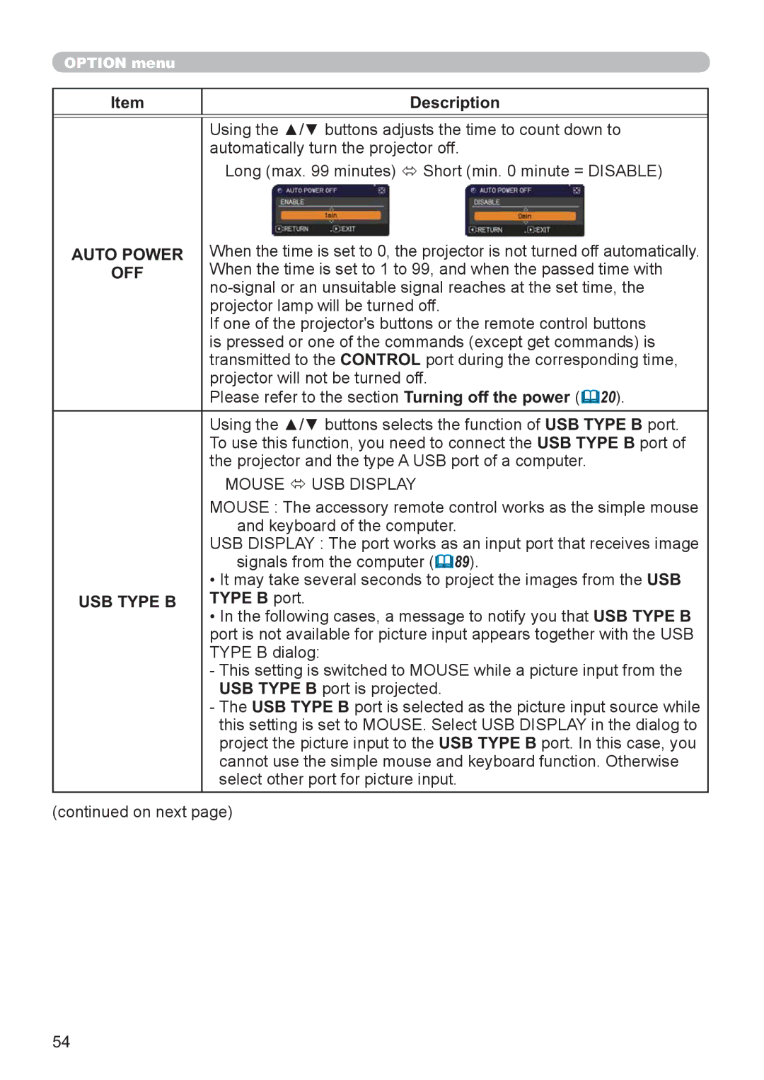 Hitachi CP-X2521WN, CP-X3021WN user manual Auto Power, Off, Mouse Ù USB Display, USB Type B, Type B port 