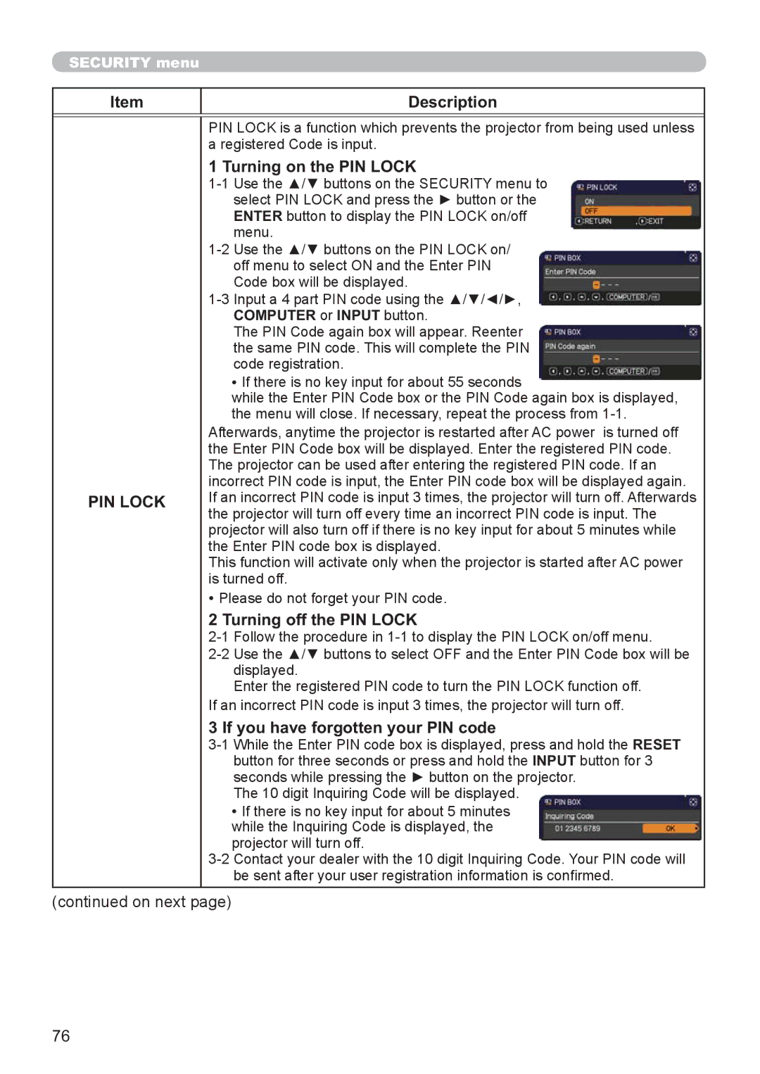 Hitachi CP-X2521WN, CP-X3021WN Turning on the PIN Lock, Turning off the PIN Lock, If you have forgotten your PIN code 