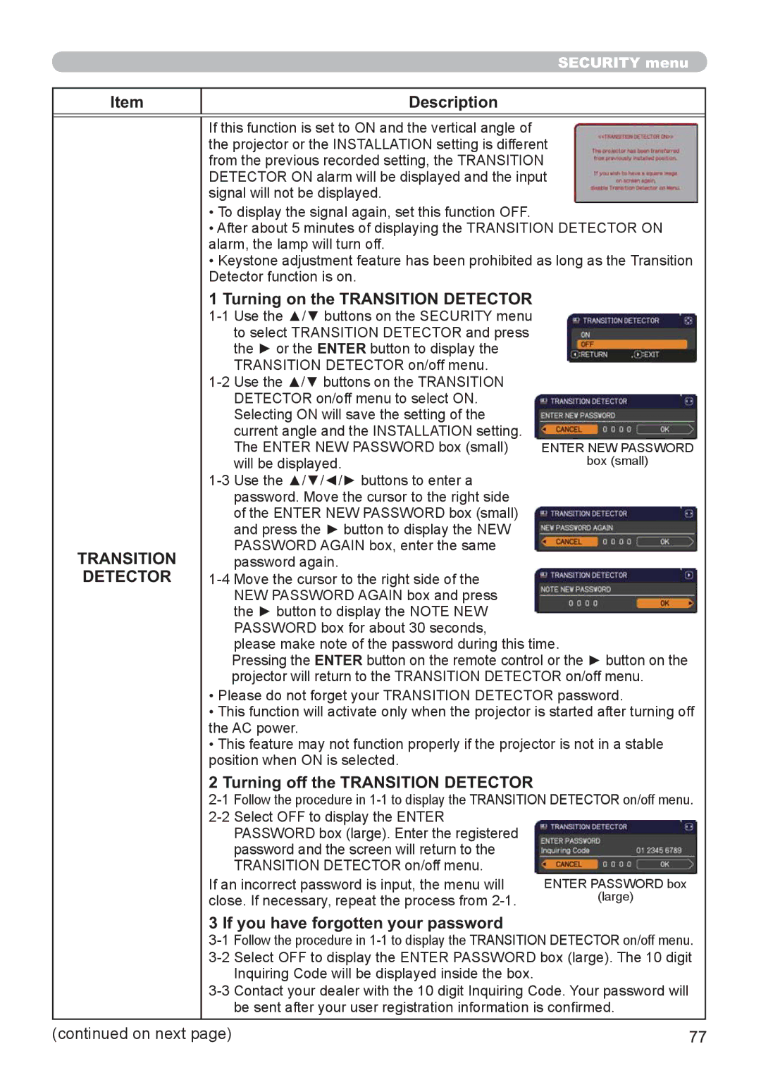 Hitachi CP-X3021WN, CP-X2521WN user manual Turning on the Transition Detector, Turning off the Transition Detector 