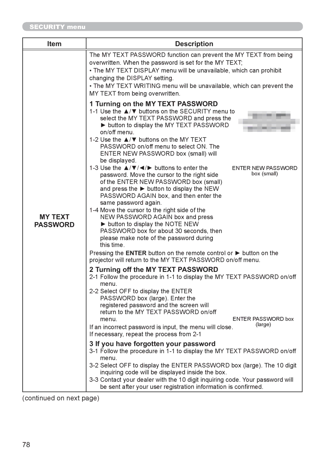 Hitachi CP-X2521WN, CP-X3021WN user manual Turning on the MY Text Password, Turning off the MY Text Password 