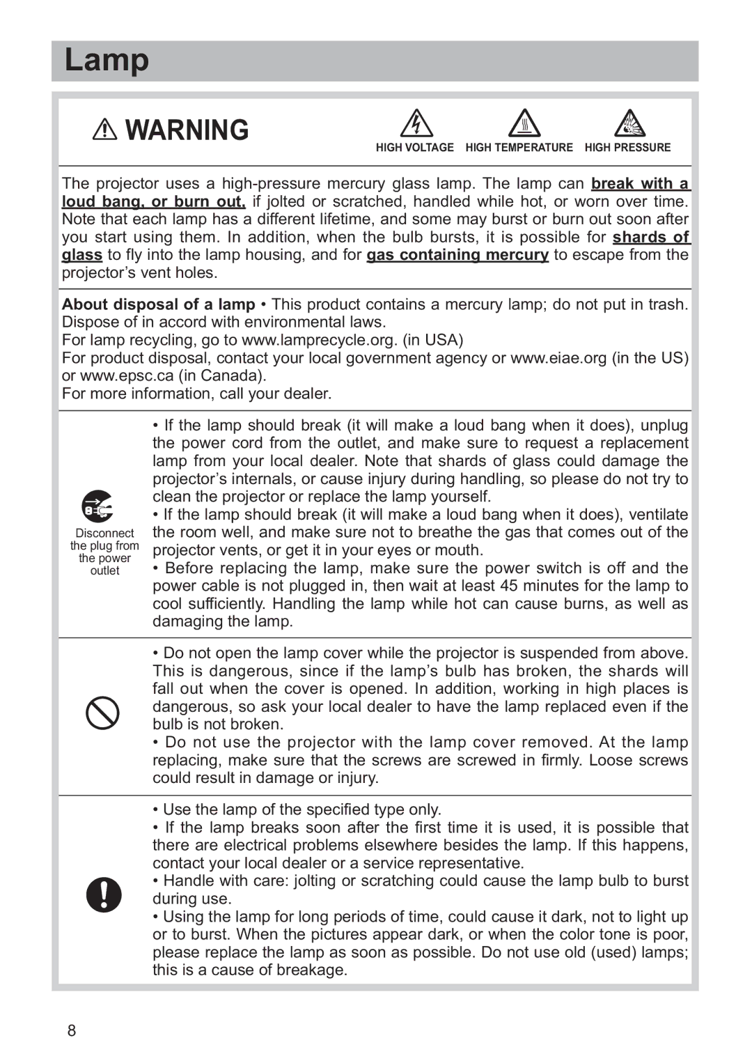 Hitachi CP-X2521WN, CP-X3021WN user manual Lamp 