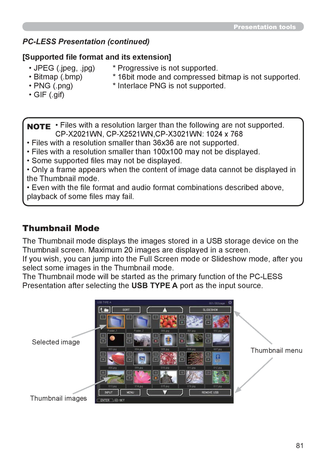 Hitachi CP-X3021WN, CP-X2521WN user manual PC-LESS Presentation, Supported ﬁle format and its extension 