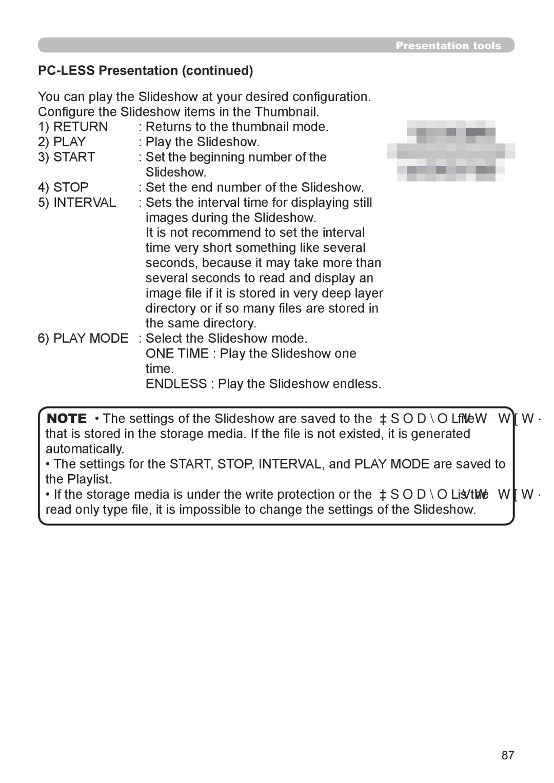 Hitachi CP-X3021WN Returns to the thumbnail mode, Play the Slideshow, Set the beginning number, Same directory, Time 