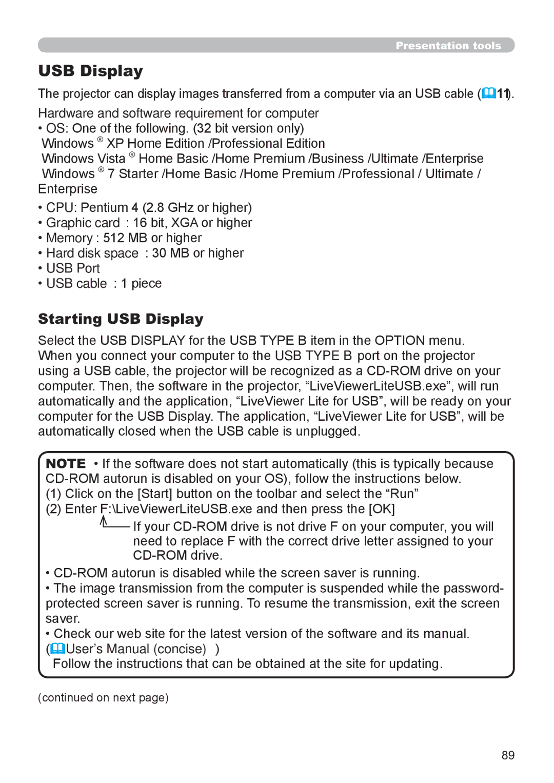 Hitachi CP-X3021WN, CP-X2521WN USB Display, Hardware and software requirement for computer, USB Port USB cable 1 piece 