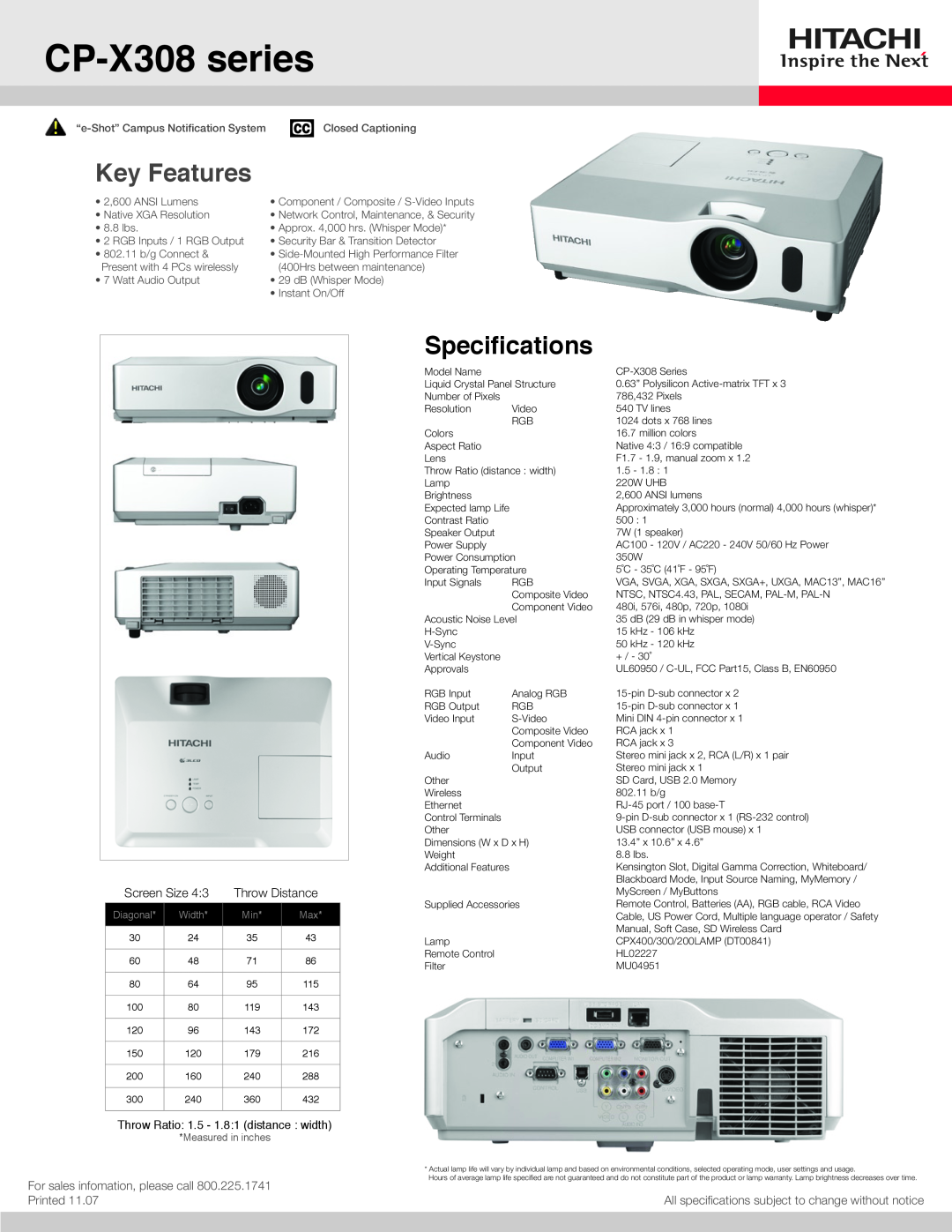 Hitachi CP-X400 specifications CP-X308series, Key Features, Specifications, Screen Size, Throw Distance, Printed, Diagonal 