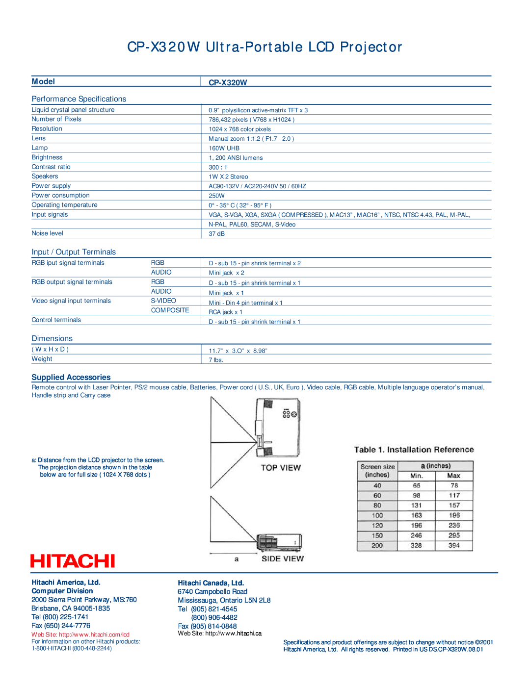 Hitachi manual CP-X320W Ultra-PortableLCD Projector, Model, Input / Output Terminals, Dimensions, Supplied Accessories 