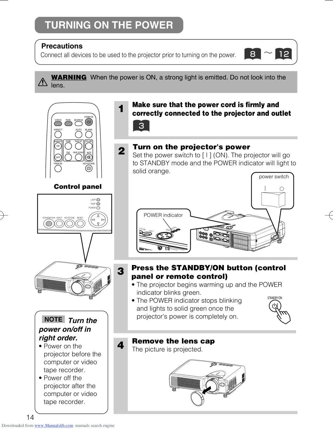 Hitachi CP-X328 user manual Turning on the Power 