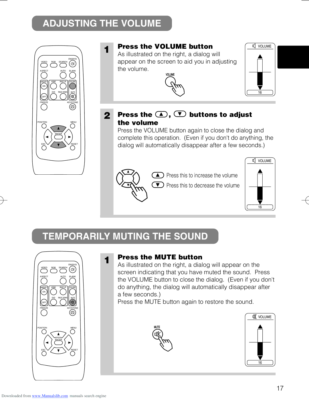 Hitachi CP-X328 Adjusting the Volume, Temporarily Muting the Sound, Press the Volume button, Press the Mute button 