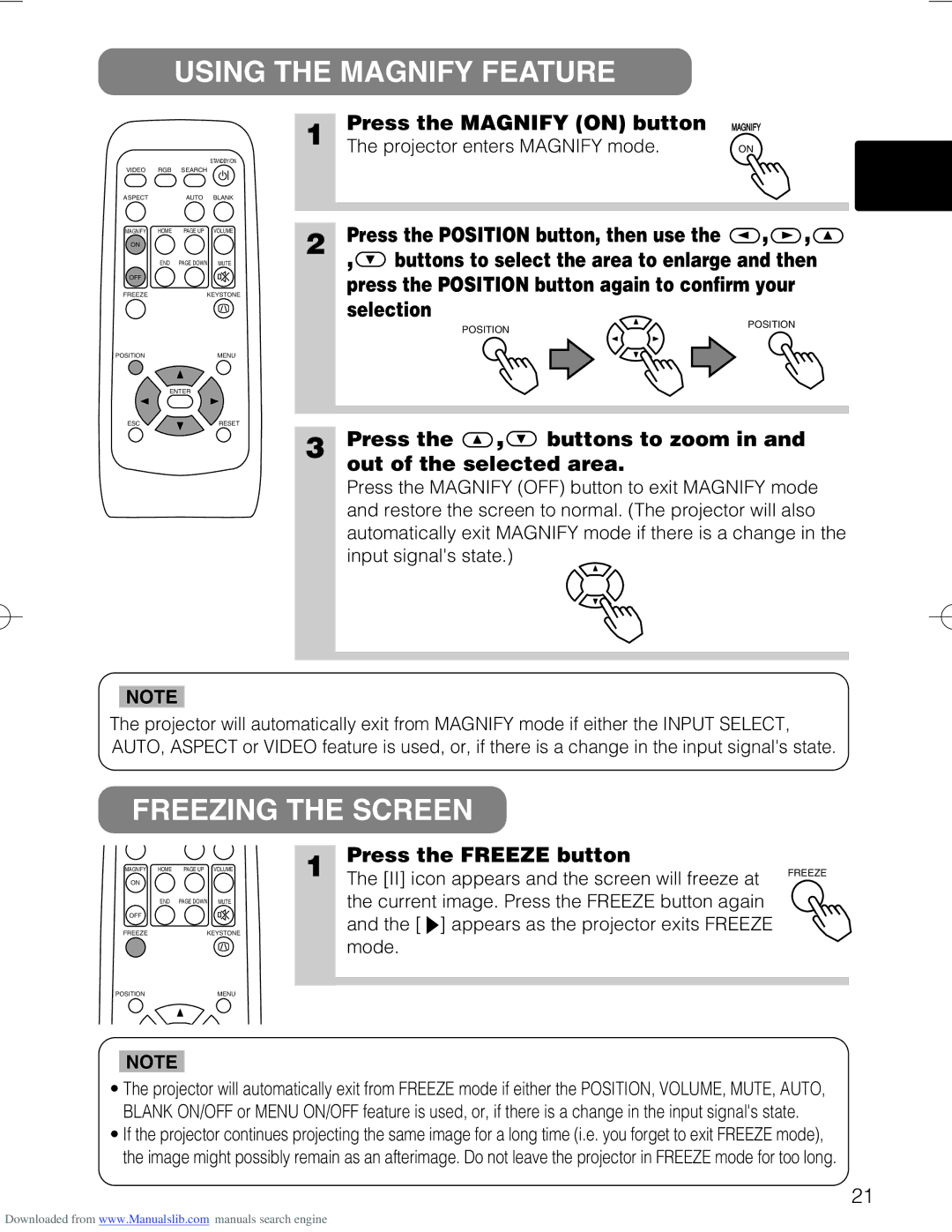 Hitachi CP-X328 user manual Using the Magnify Feature, Freezing the Screen 