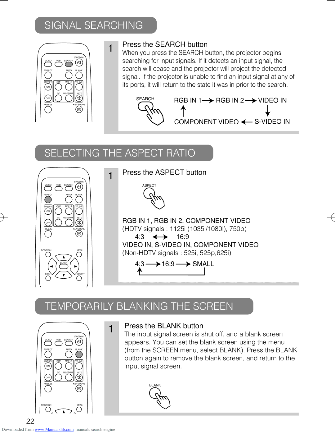 Hitachi CP-X328 user manual Signal Searching, Selecting the Aspect Ratio, Temporarily Blanking the Screen 