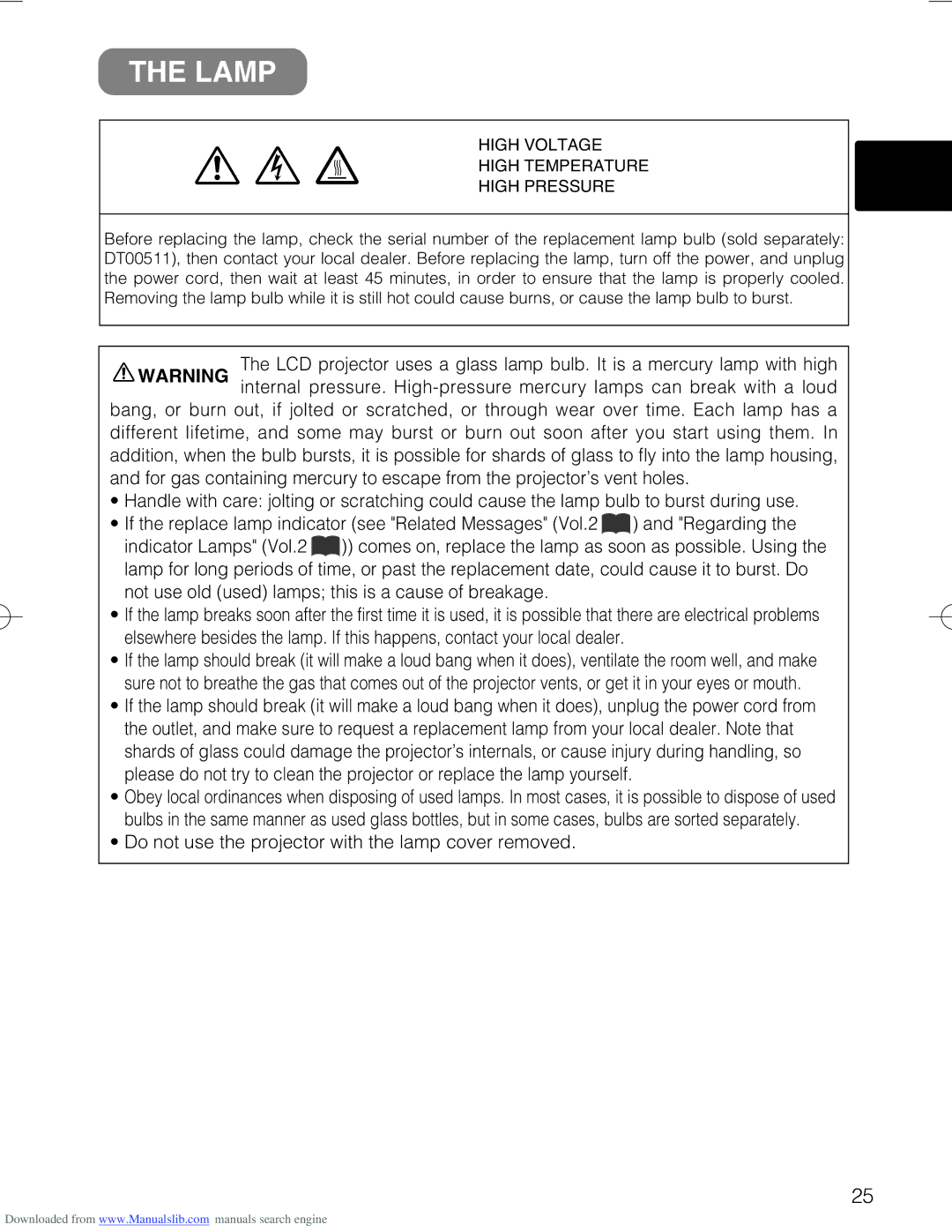 Hitachi CP-X328 Lamp, Do not use the projector with the lamp cover removed, High Voltage High Temperature High Pressure 