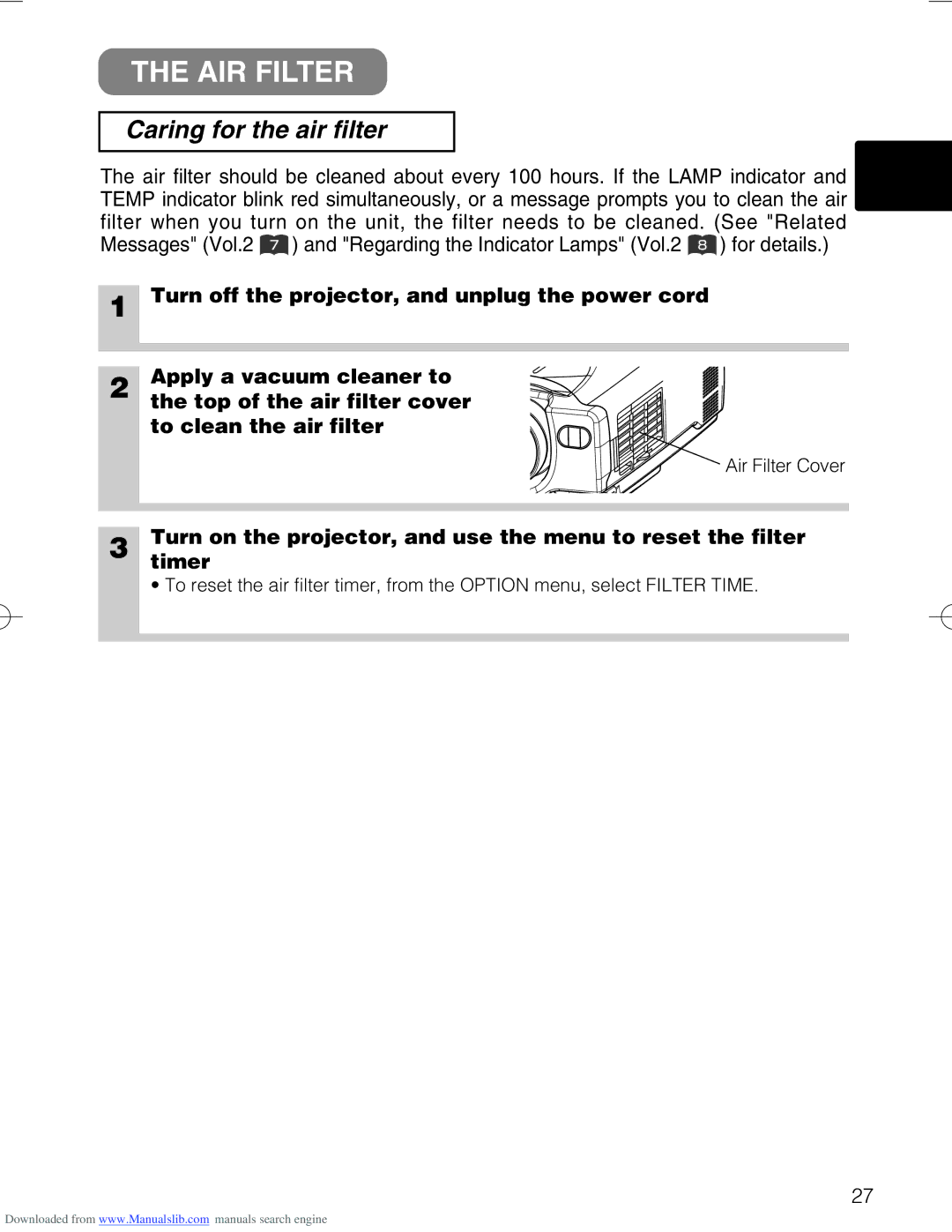 Hitachi CP-X328 user manual AIR Filter, Caring for the air filter 