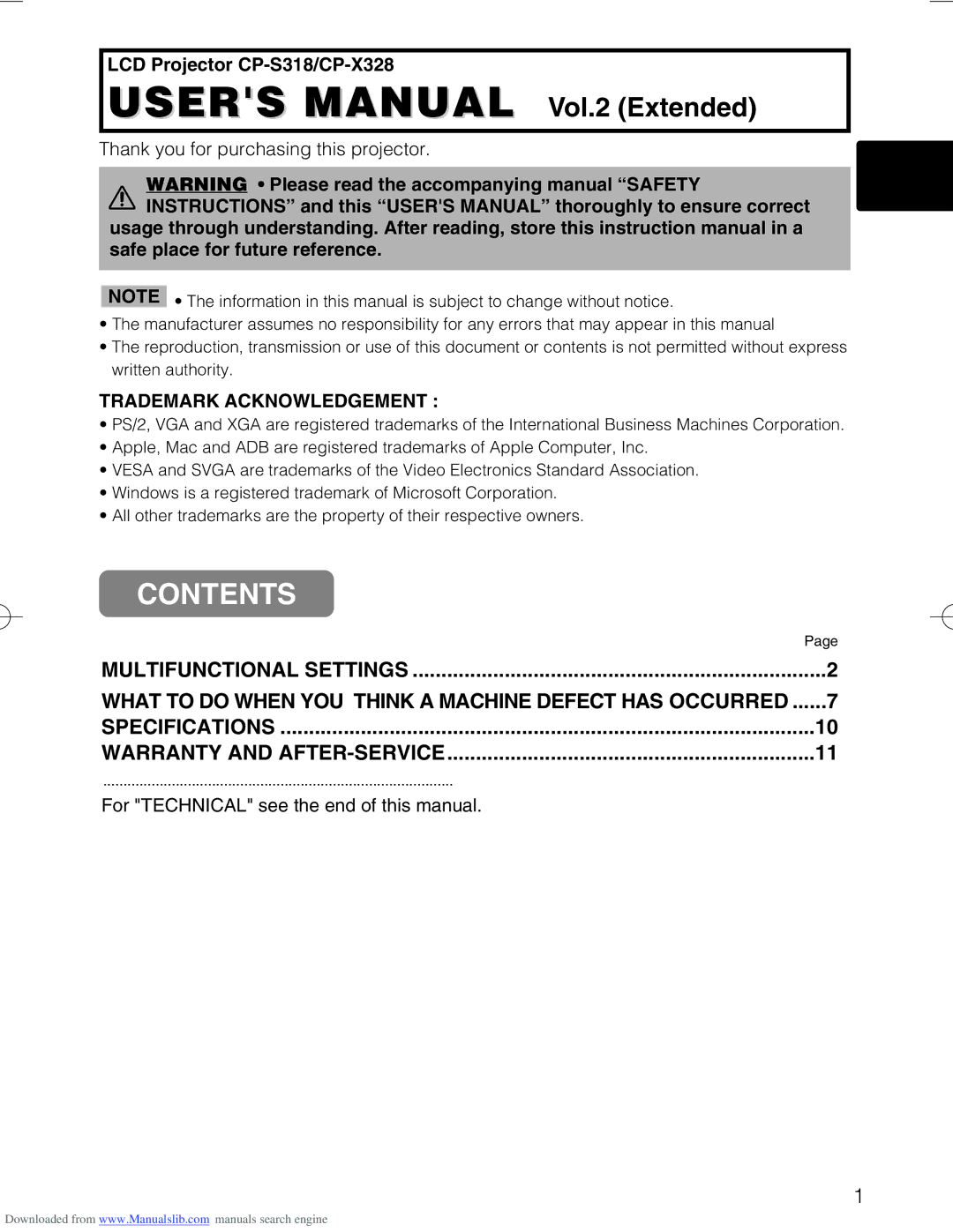 Hitachi user manual LCD Projector CP-S318/CP-X328, For Technical see the end of this manual 