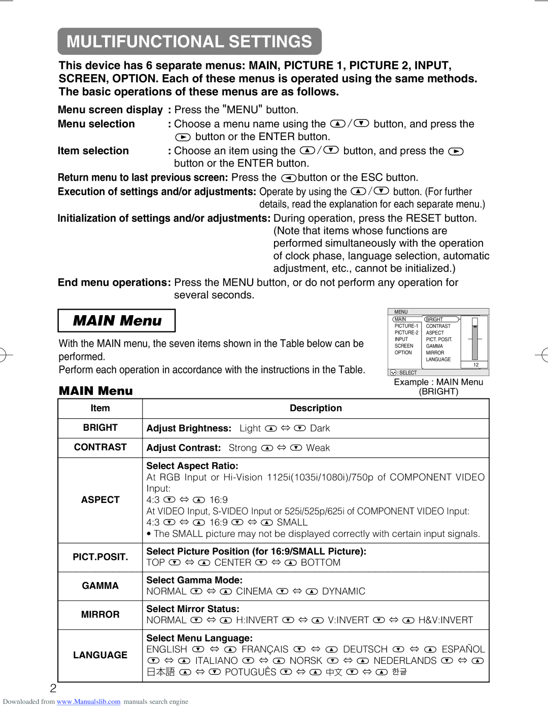 Hitachi CP-X328 user manual Multifunctional Settings, Main Menu 