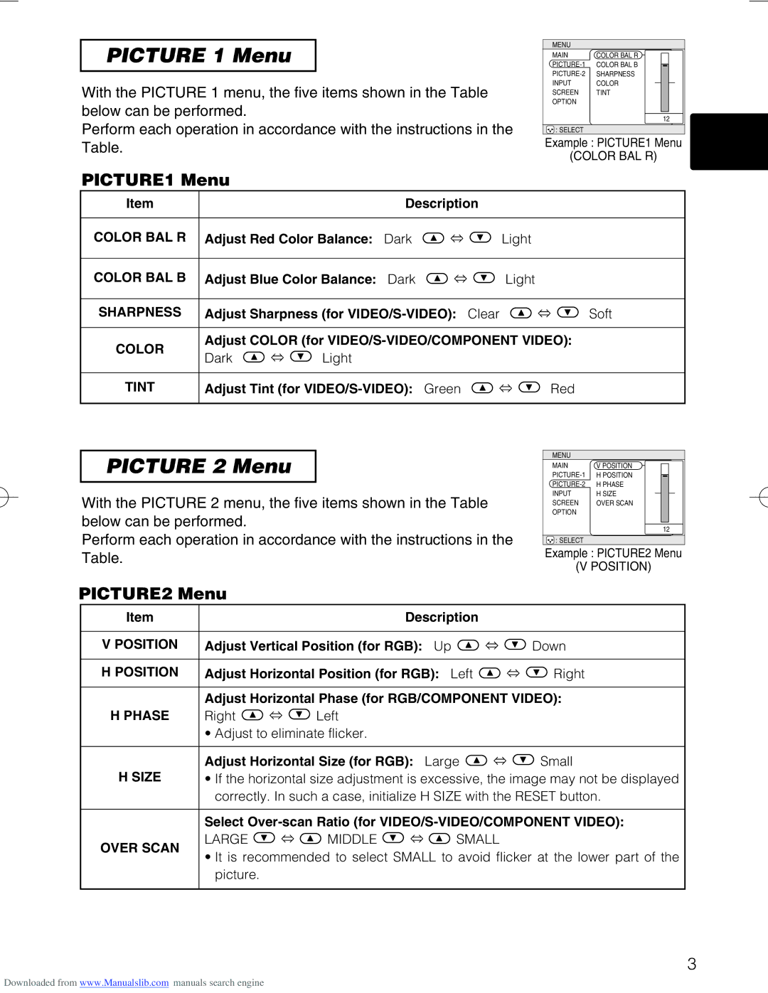 Hitachi CP-X328 user manual Picture 1 Menu, Picture 2 Menu, PICTURE1 Menu, PICTURE2 Menu 