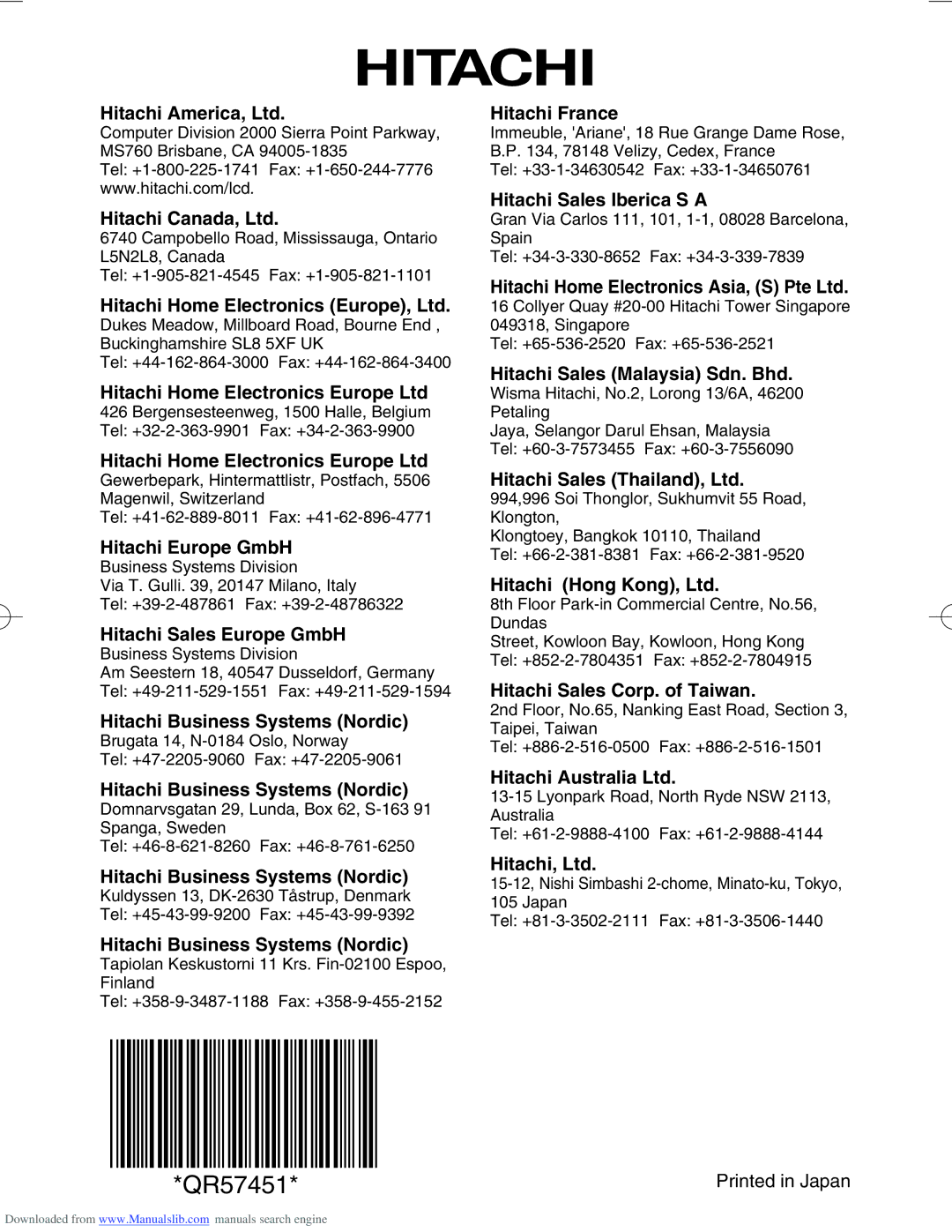 Hitachi CP-X328 user manual Hitachi Europe GmbH, Hitachi Sales Europe GmbH, Hitachi Business Systems Nordic, Hitachi France 