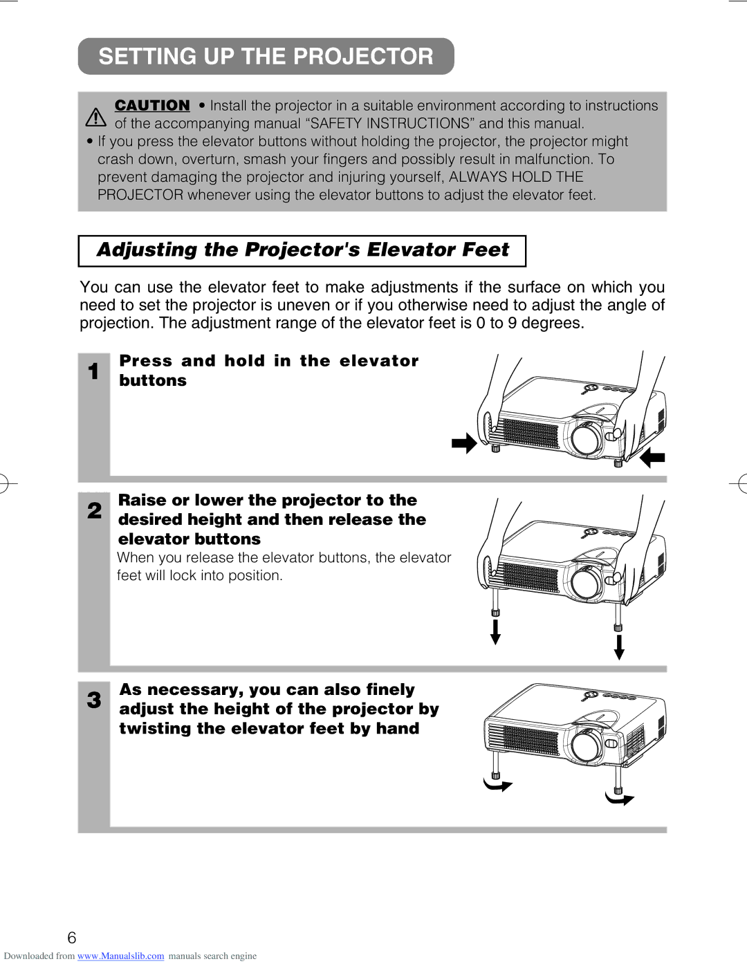 Hitachi CP-X328 user manual Setting UP the Projector, Adjusting the Projectors Elevator Feet 