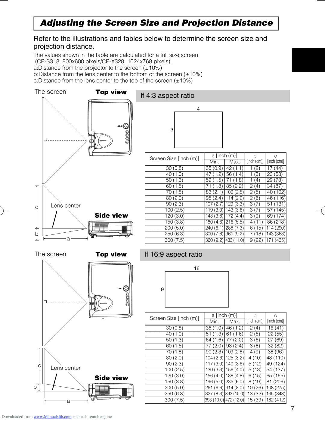 Hitachi CP-X328 user manual Adjusting the Screen Size and Projection Distance, Top view Side view 