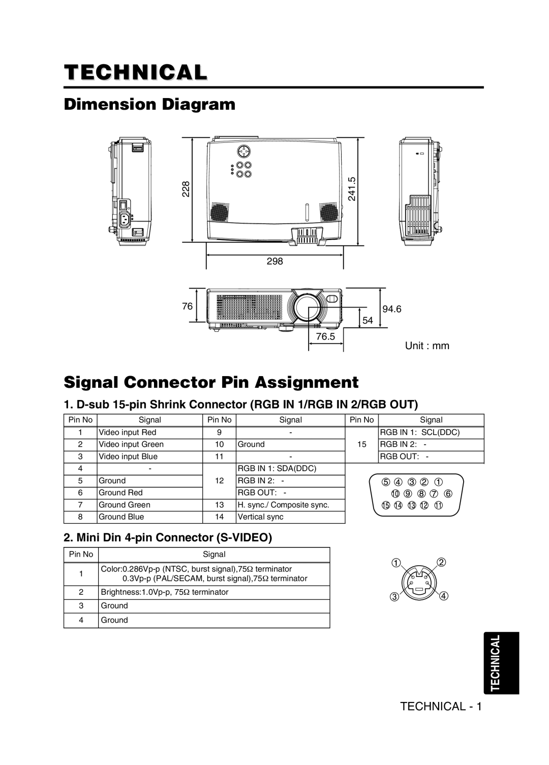 Hitachi CP-X380W Technical, Dimension Diagram, Signal Connector Pin Assignment, Mini Din 4-pin Connector S-VIDEO 