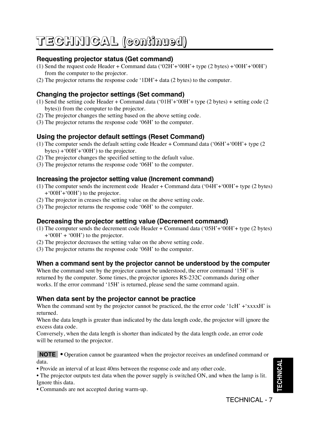 Hitachi CP-X380W user manual Requesting projector status Get command, Changing the projector settings Set command 