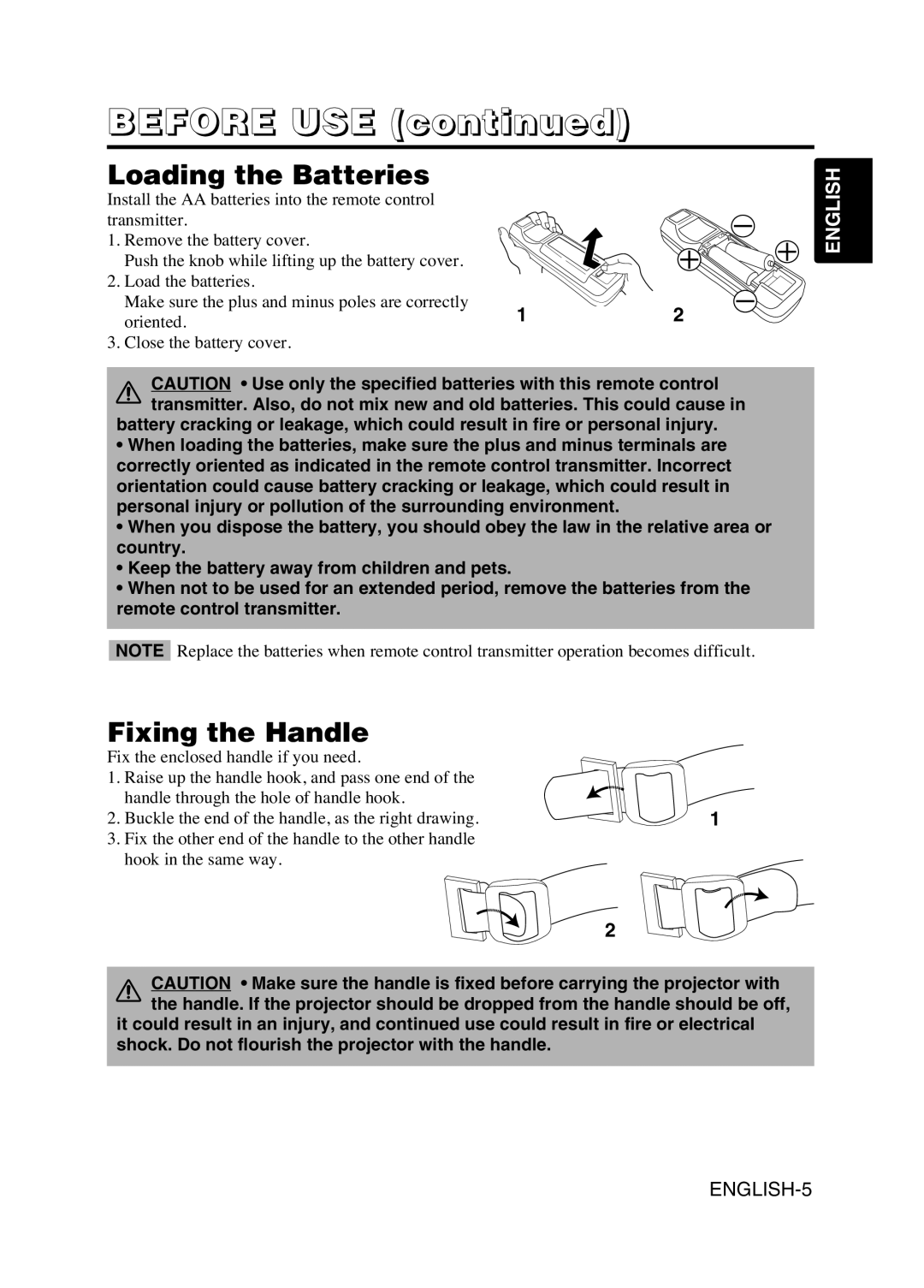 Hitachi CP-X380W user manual Loading the Batteries, Fixing the Handle 