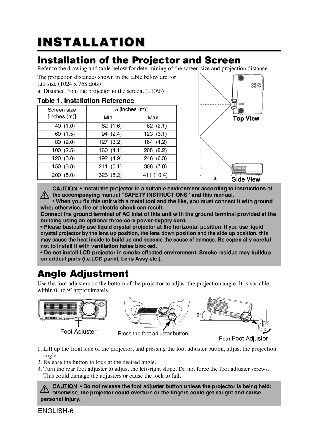 Hitachi CP-X380W user manual Installation of the Projector and Screen, Angle Adjustment, Installation Reference 