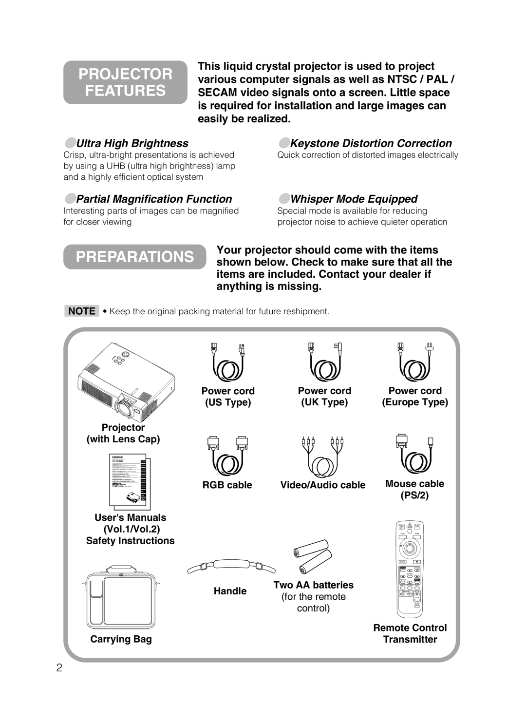 Hitachi CP-X385W user manual Projector Features, Power cord, US Type UK Type Europe Type Projector With Lens Cap 