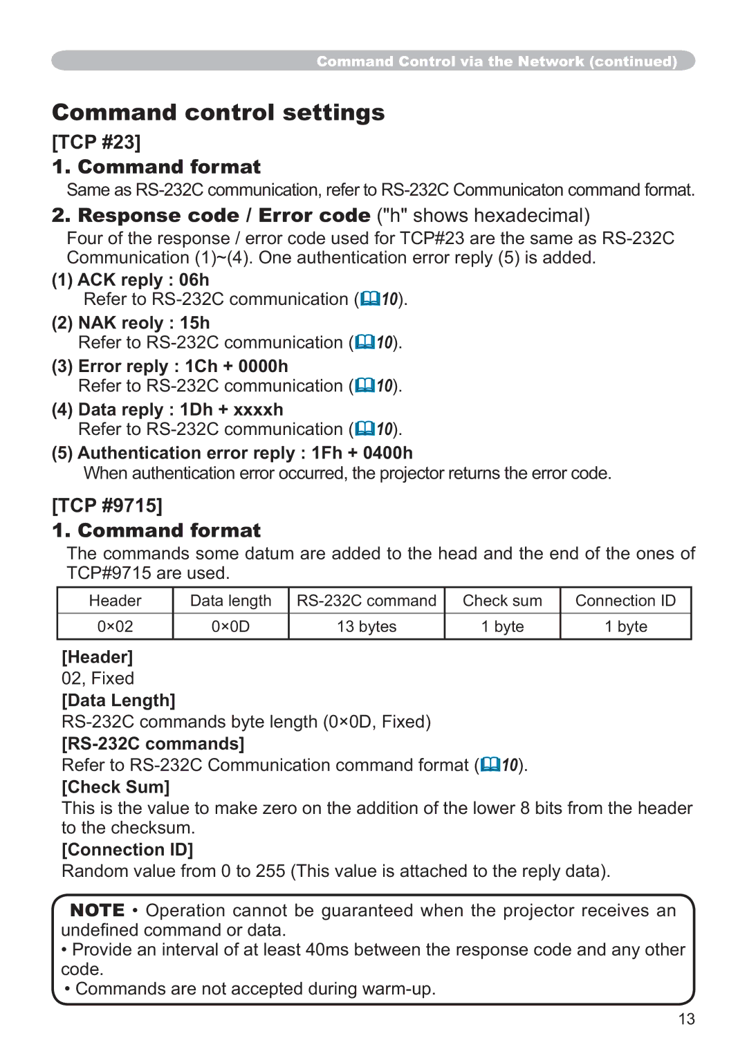 Hitachi CP-WX3014WN, CP-X4014WN, CP-X3014WN, CP-X2514WN user manual Command control settings, TCP #9715 Command format 