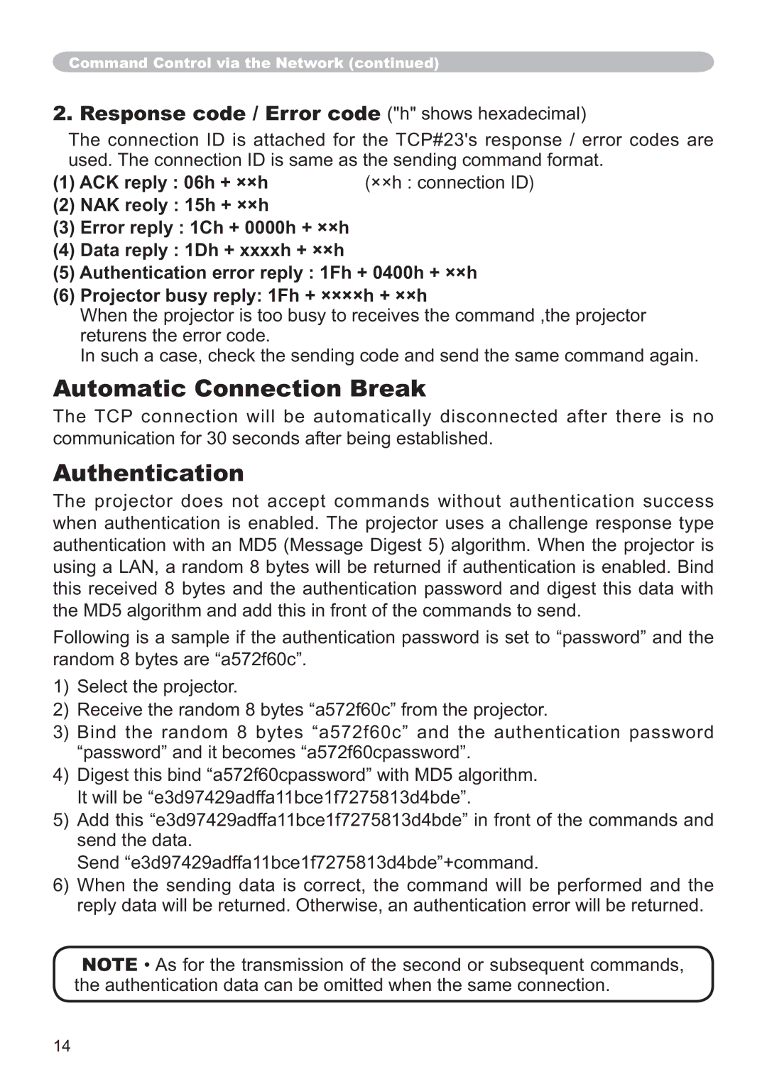 Hitachi CP-X3014WN, CP-X4014WN, CP-WX3014WN, CP-X2514WN user manual Automatic Connection Break, Authentication 