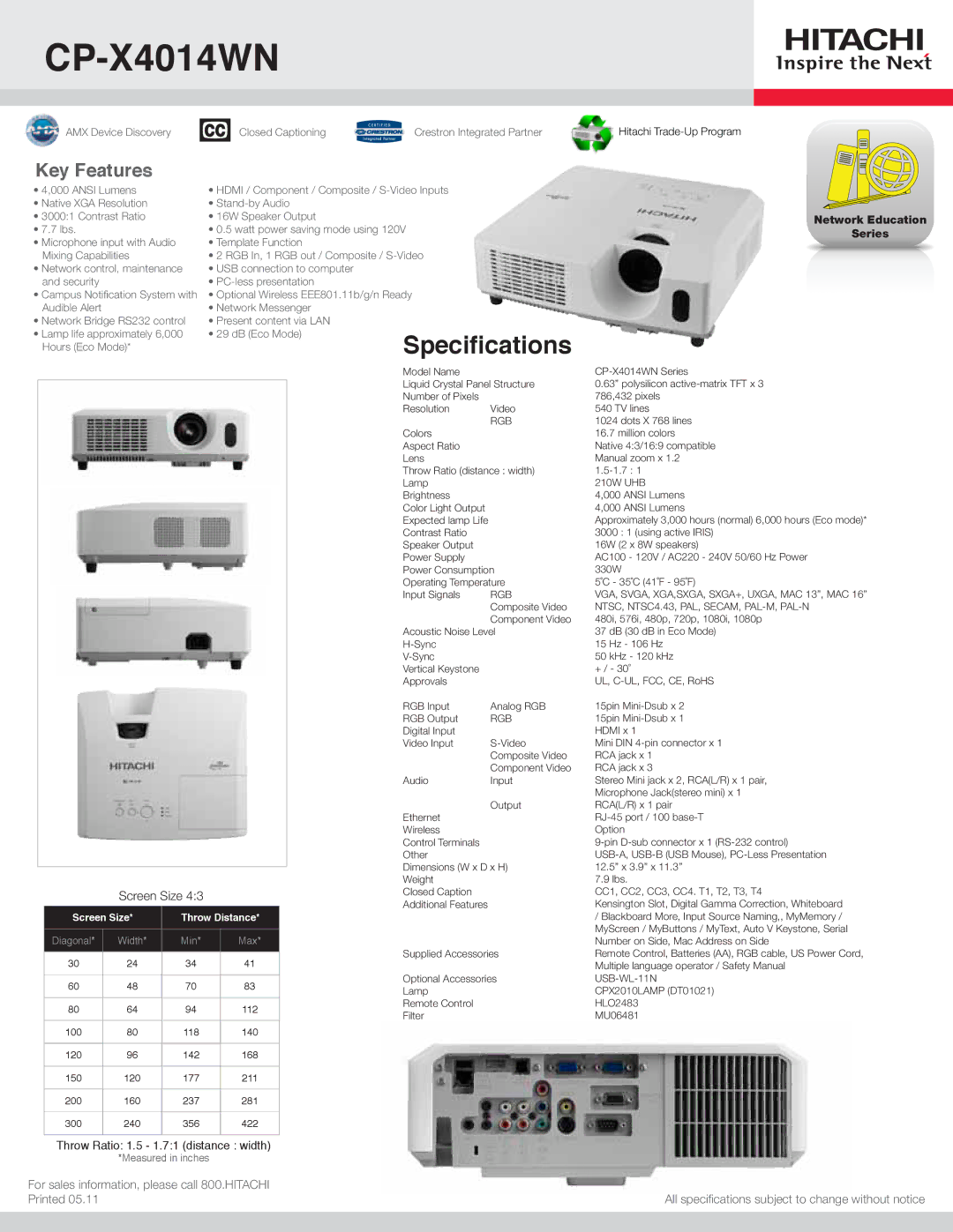 Hitachi CP-X4014WN specifications Specifications, Key Features, Screen Size, Network Education Series 