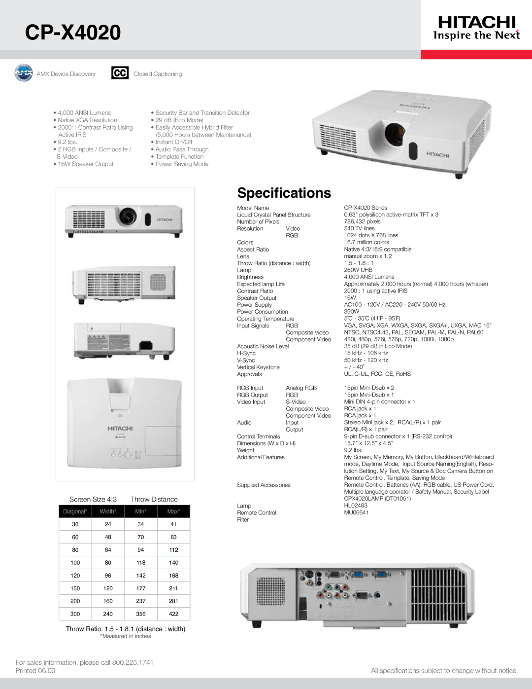 Hitachi CP-X4020 specifications Specifications, Screen Size Throw Distance, Rgb 