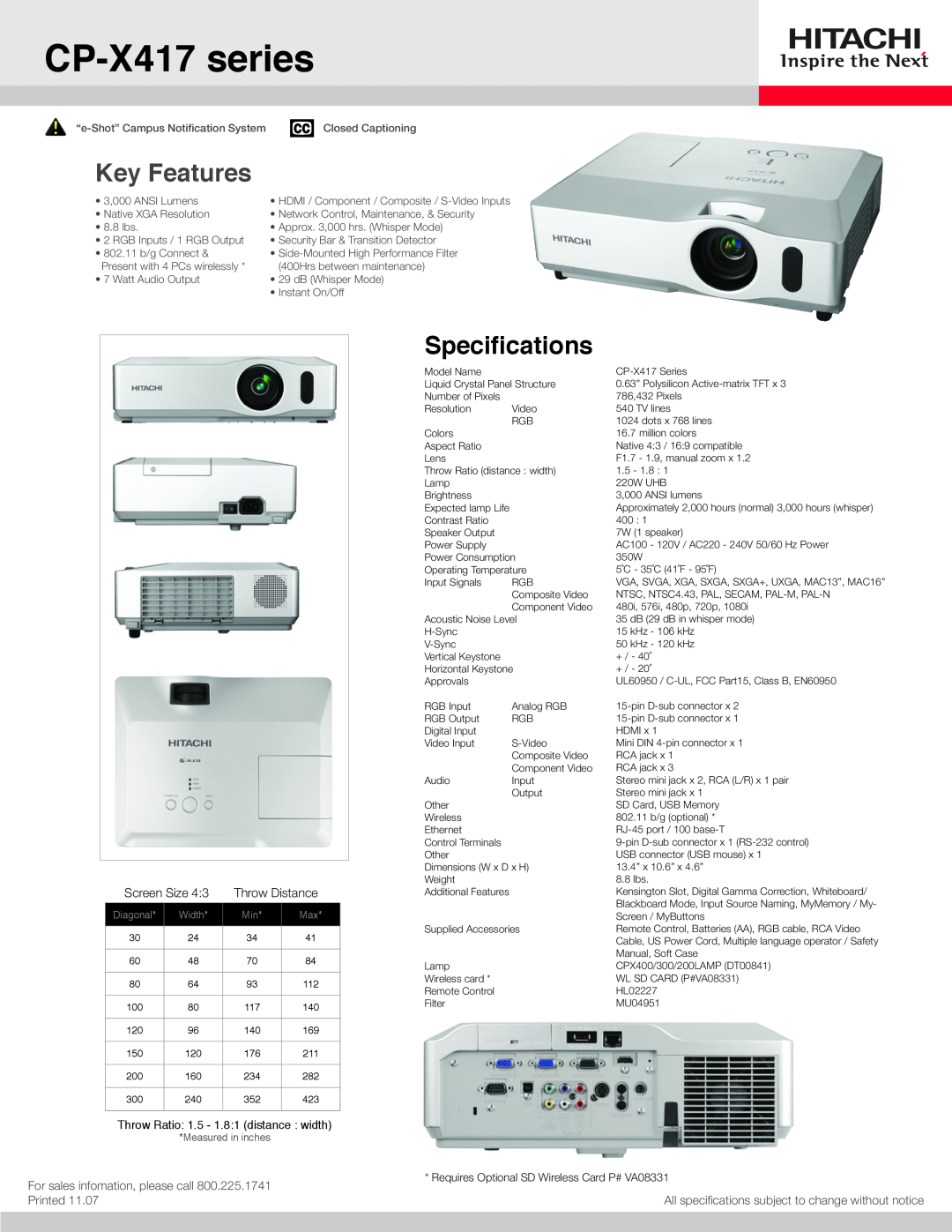Hitachi specifications CP-X417 series, Key Features, Specifications, Screen Size, Throw Distance, Printed, Diagonal 