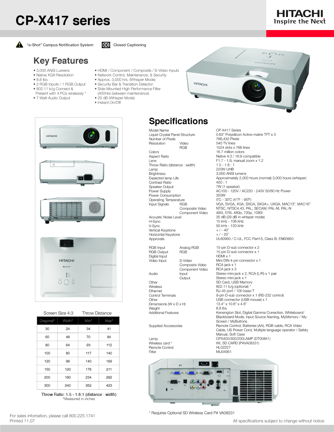 Hitachi specifications CP-X417 series, Key Features, Specifications, Screen Size Throw Distance 