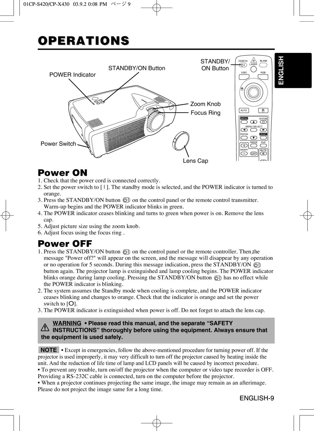 Hitachi CP-X430 user manual Operations, Power on, Power OFF, Standby, Equipment is used safely 