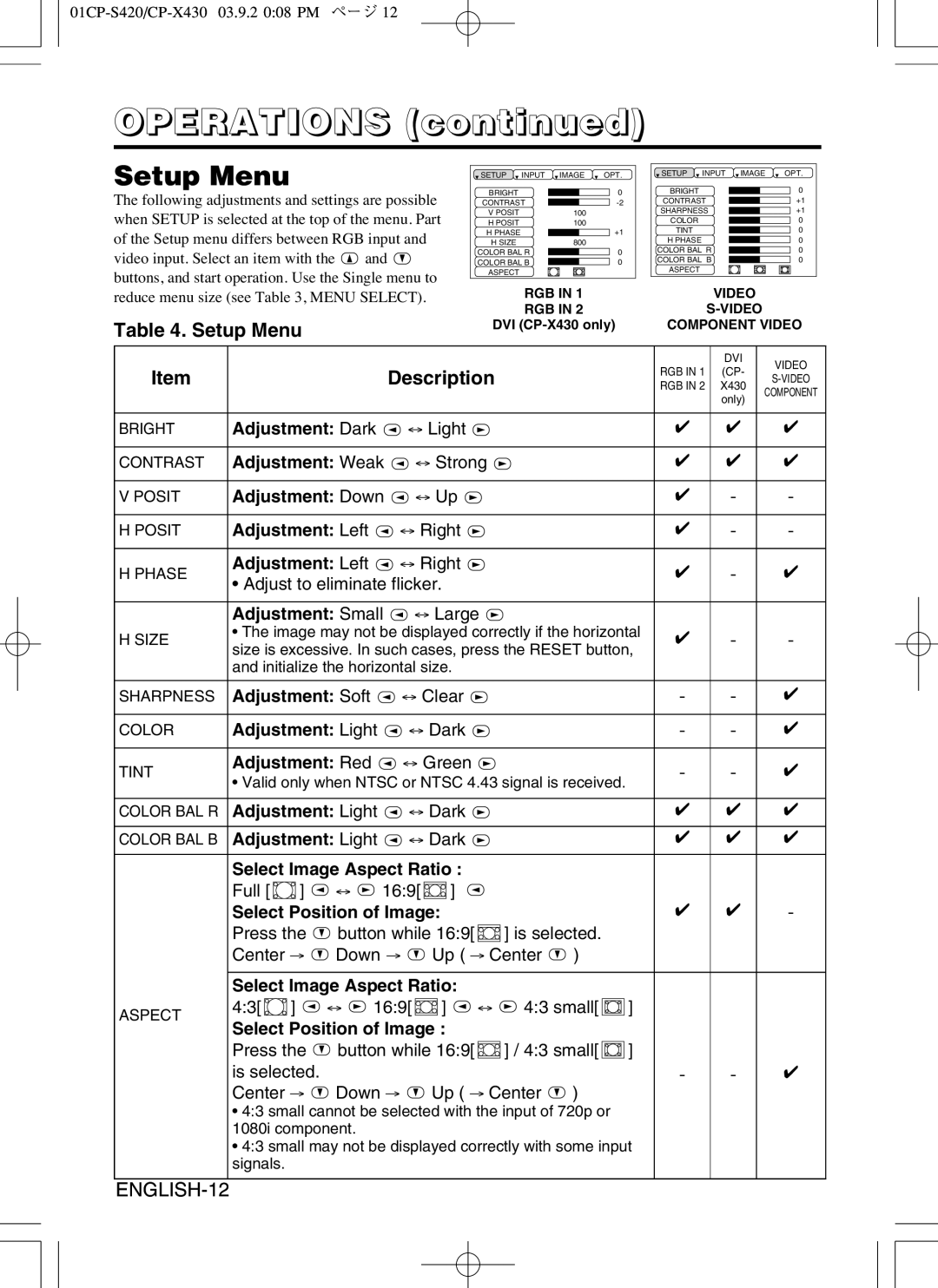 Hitachi CP-X430 user manual Setup Menu 