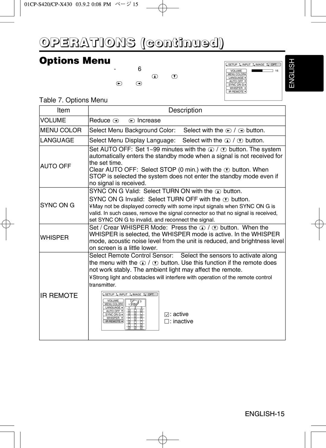 Hitachi CP-X430 user manual Options Menu, Select Menu Background Color Select with the / button 