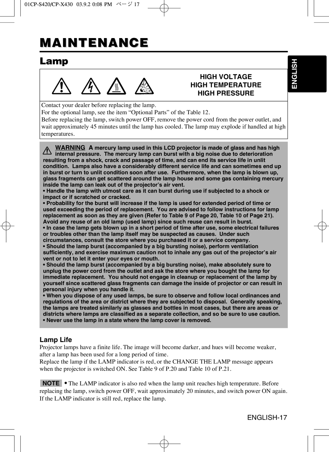 Hitachi CP-X430 user manual Maintenance, Lamp Life 