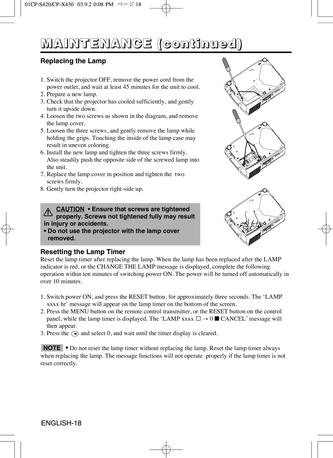 Hitachi CP-X430 user manual Maintenance, Replacing the Lamp, Resetting the Lamp Timer 