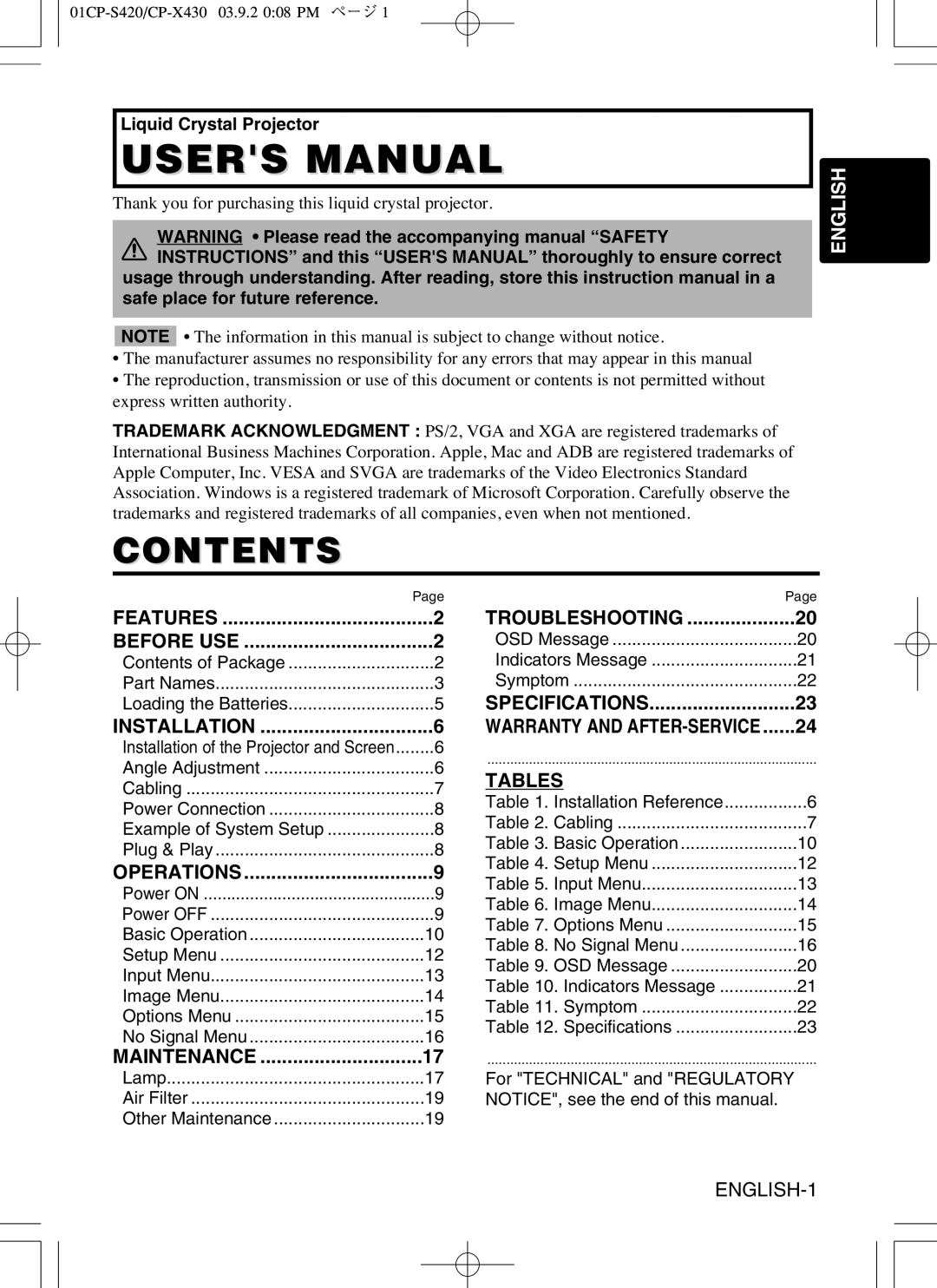 Hitachi CP-X430 user manual Contents 