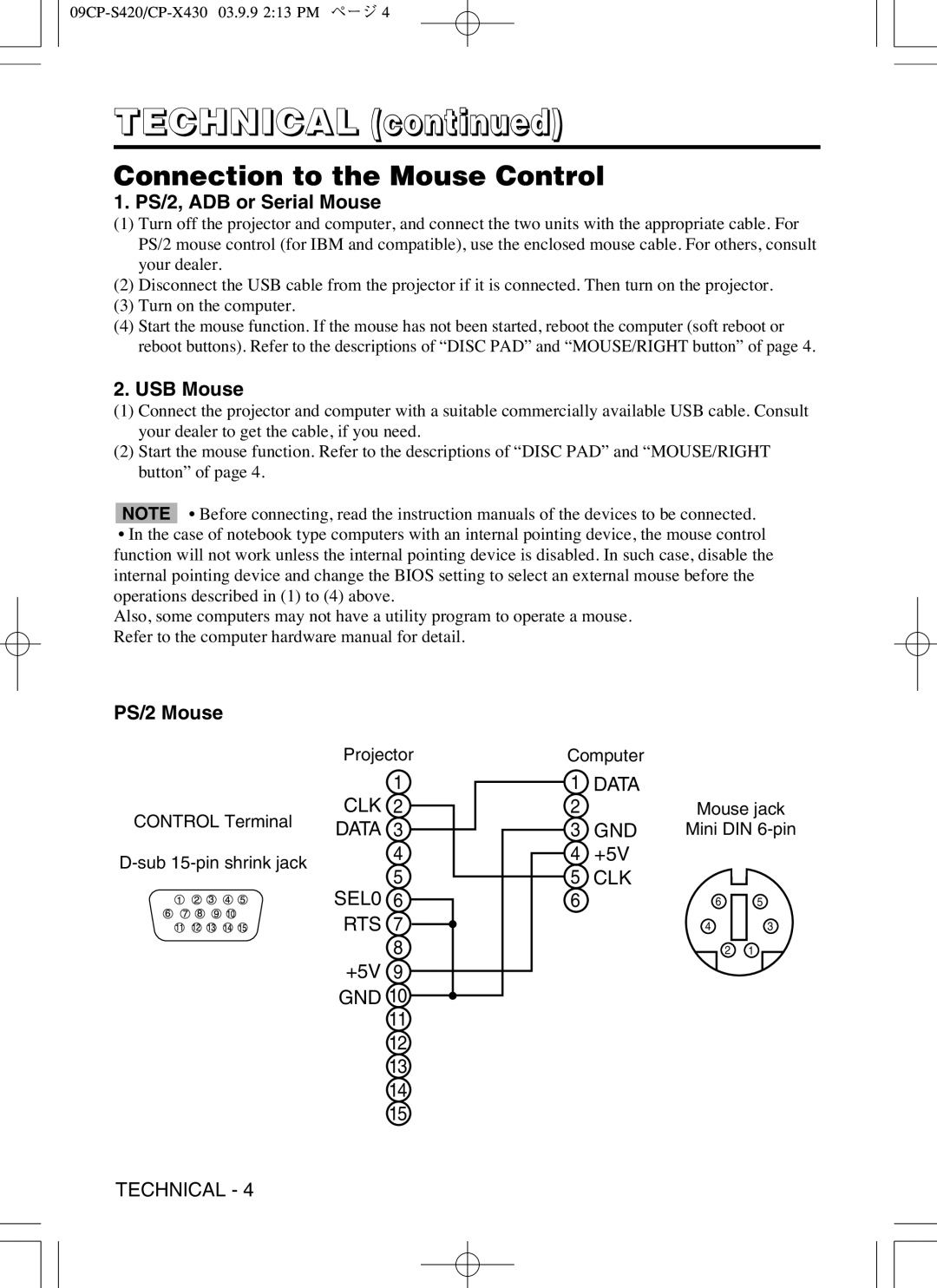 Hitachi CP-X430 user manual Connection to the Mouse Control, PS/2, ADB or Serial Mouse, USB Mouse, PS/2 Mouse 