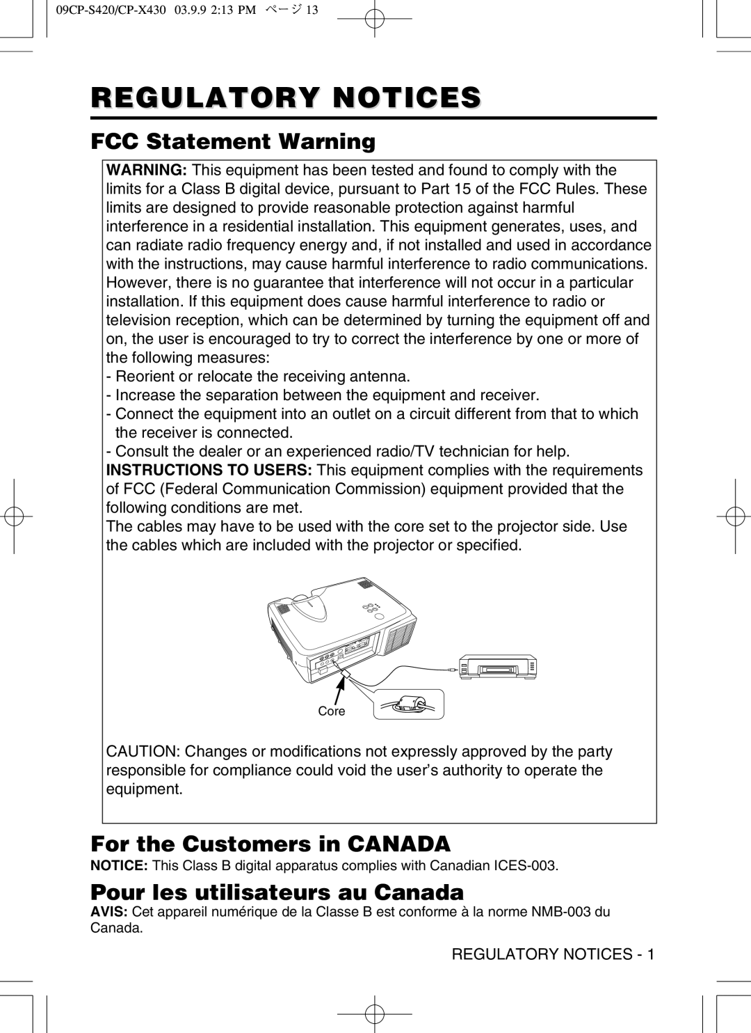 Hitachi CP-X430 Regulatory Notices, FCC Statement Warning, For the Customers in Canada Pour les utilisateurs au Canada 