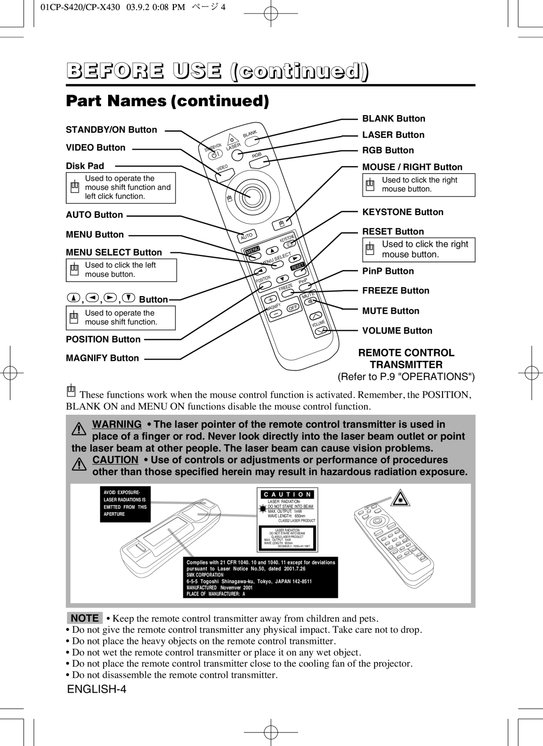 Hitachi CP-X430 user manual Transmitter, Refer to P.9 Operations 