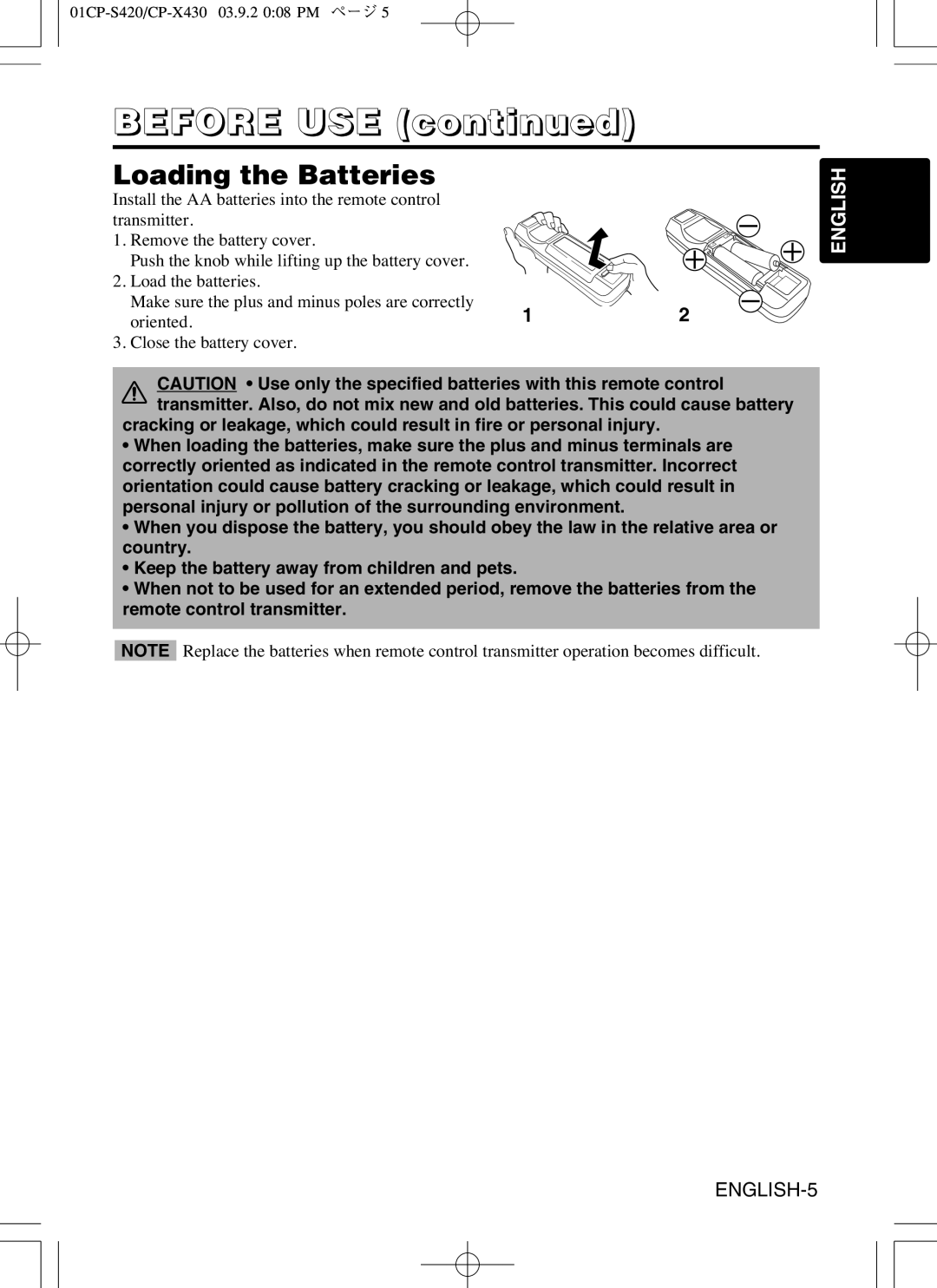 Hitachi CP-X430 user manual Loading the Batteries 