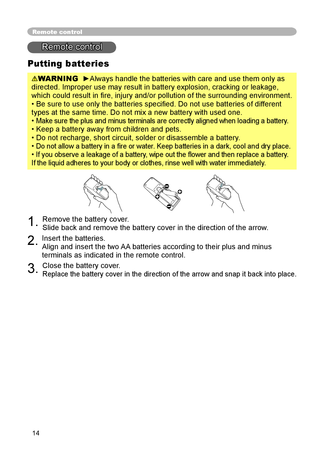 Hitachi CP-X440, CP-X444 user manual Remote control, Putting batteries 