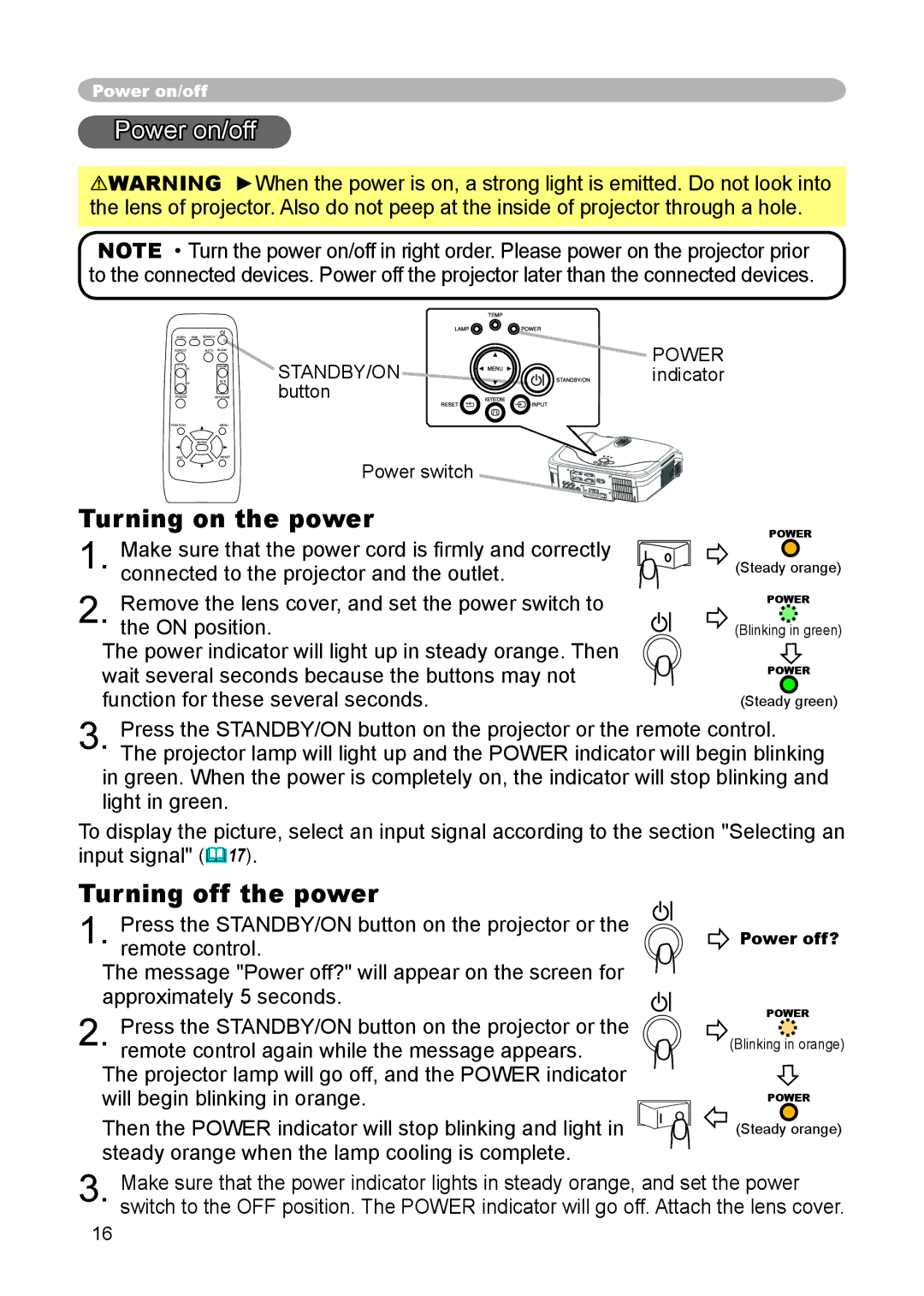 Hitachi CP-X440, CP-X444 user manual Power on/off, Turning on the power, Turning off the power, Standby/On 