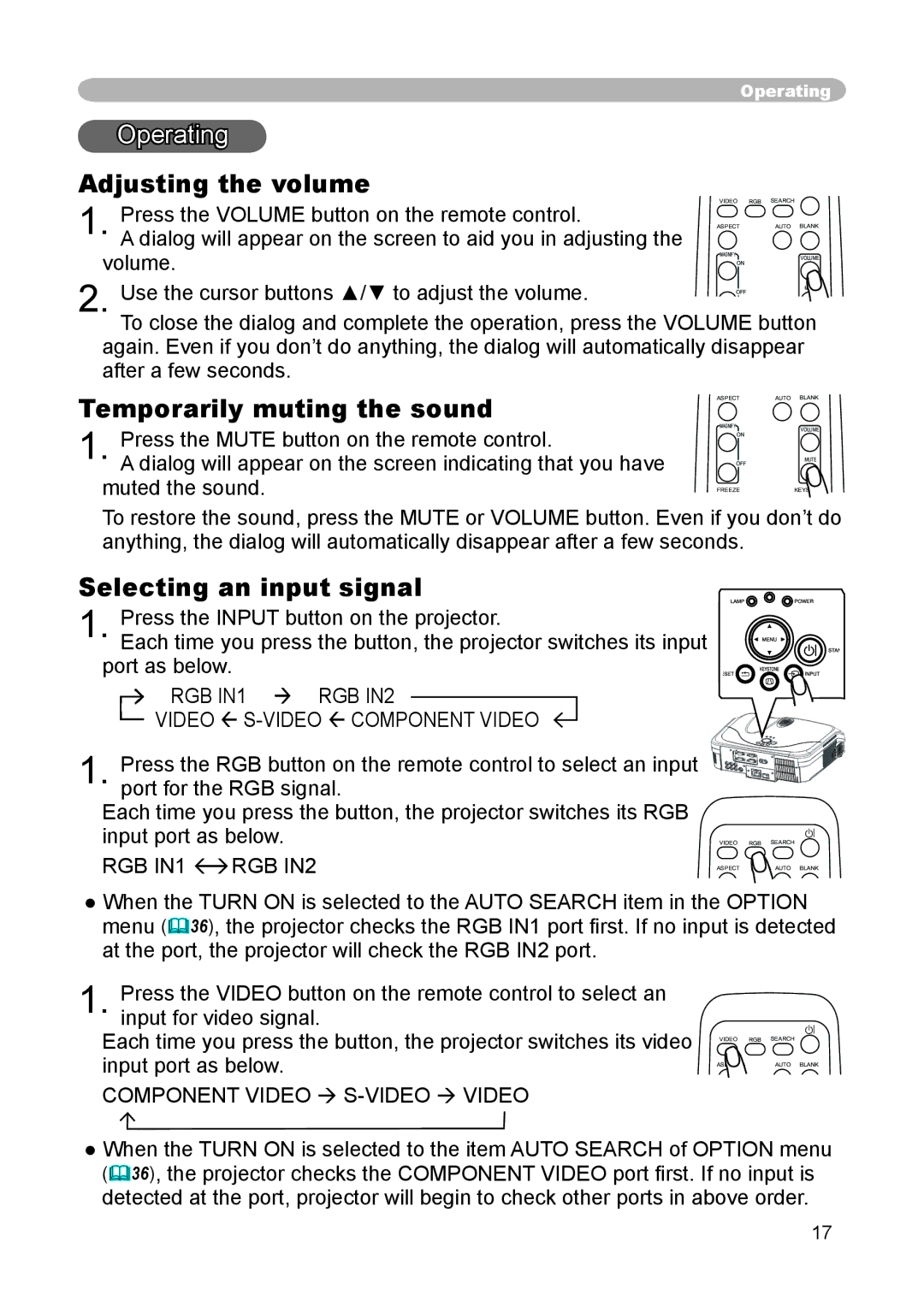 Hitachi CP-X444, CP-X440 Operating, Adjusting the volume, Temporarily muting the sound, Selecting an input signal 